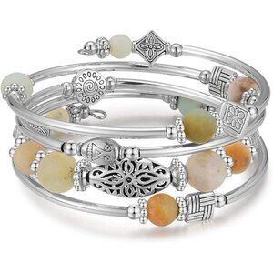 Green Layered Wrap Bangle Bead Bracelet w/ Agate Stone